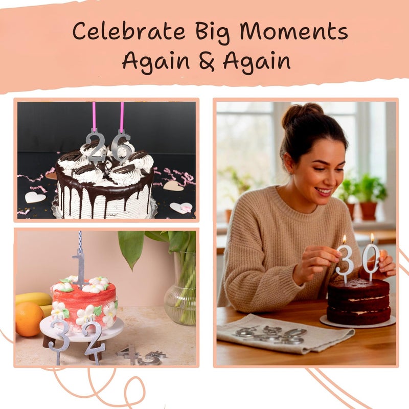 Kalinar Numbered Aluminum Birthday Cake Candle Holder Set â€“ 20 Reusable Cake Toppers for Parties, Anniversaries and Celebrations - Includes Double Numbers 0-9 (Silver) - Image 2